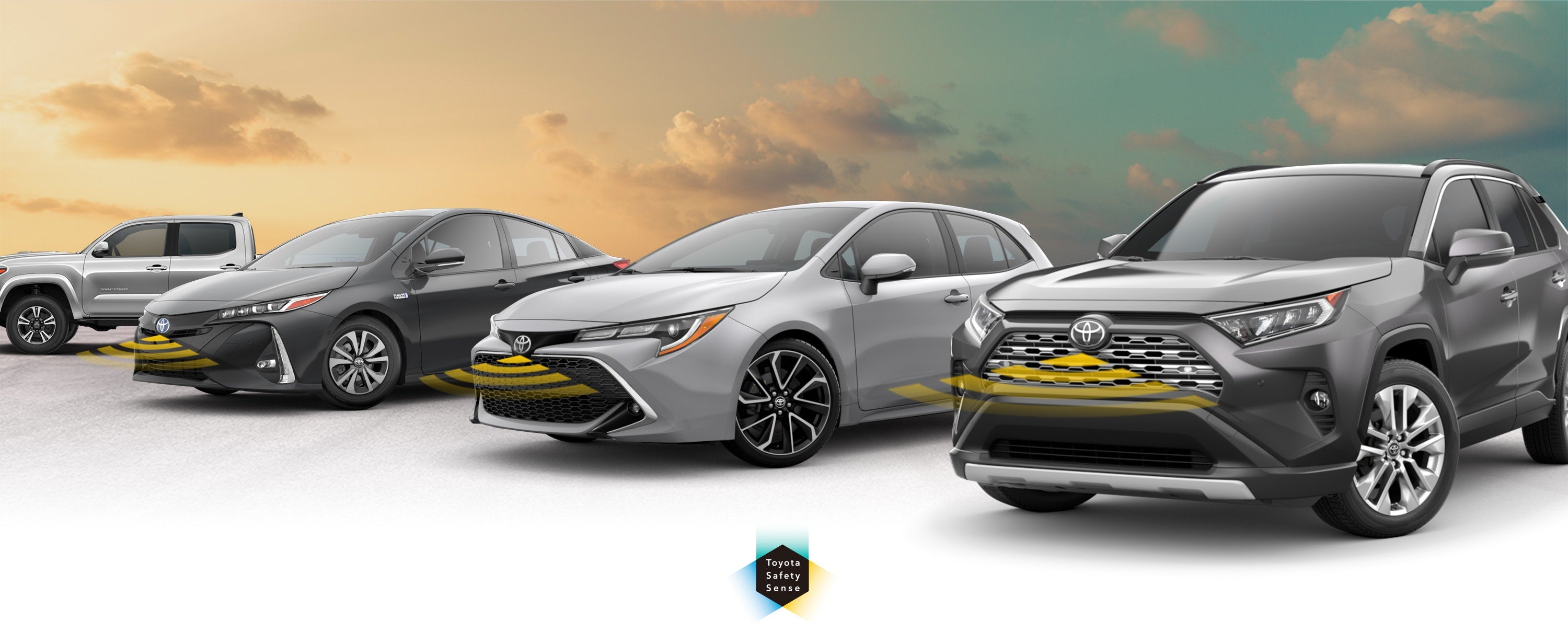 Toyota Safety Sense: Designed for Safety. Options shown on Toyota models including RAV4, Tacoma, and Camry, available now at Billion Toyota of Sioux Falls in Sioux Falls SD.